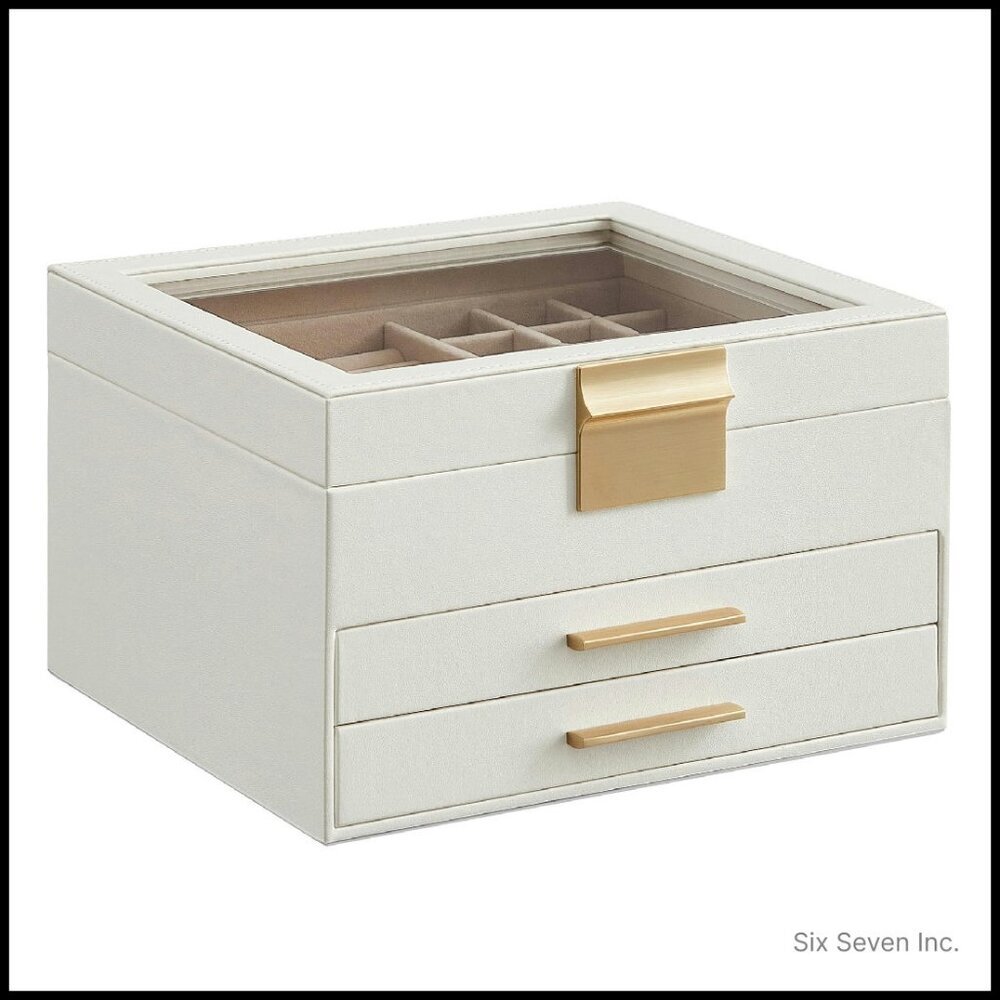 Modern Jewelry Box Organizer Glass Lid 3 Layers Velvet Lining Chic Storage